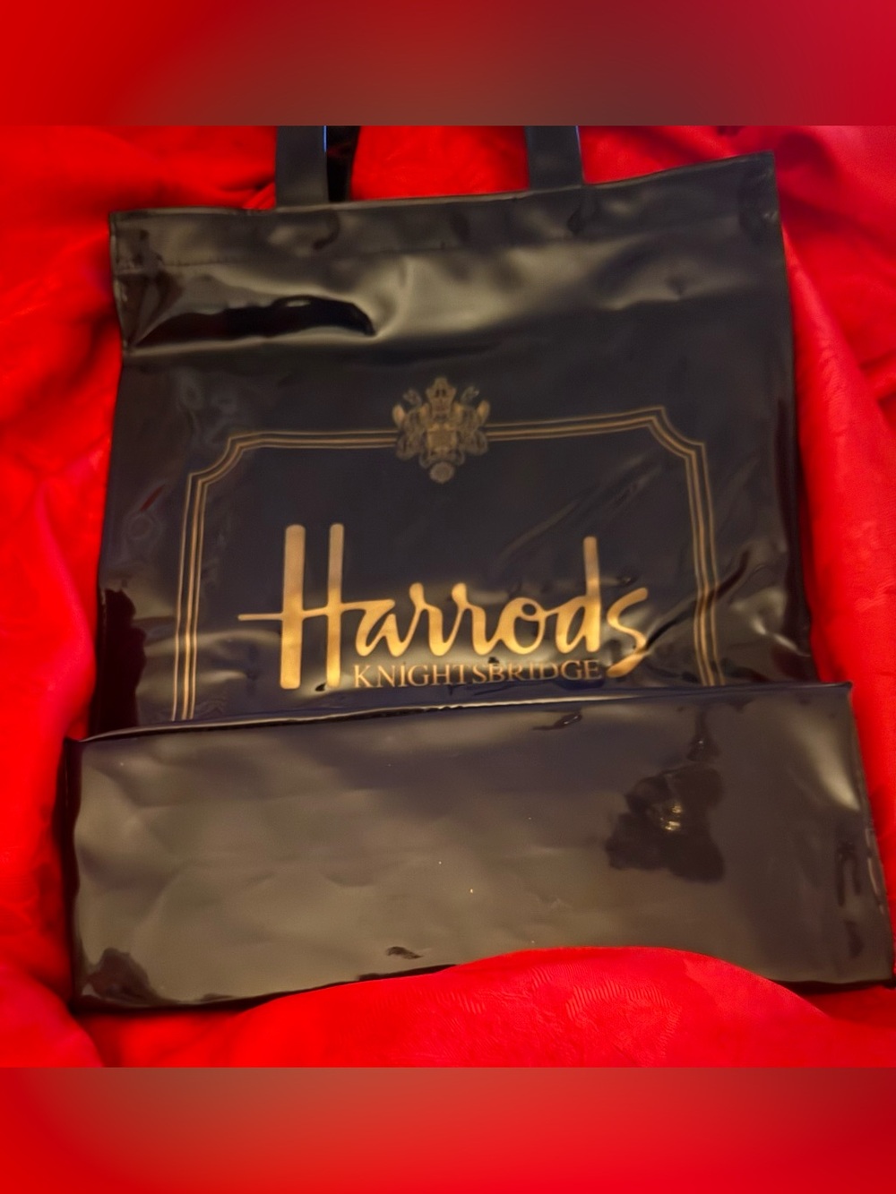 Harrods Black Patent Tote with Gold Logo